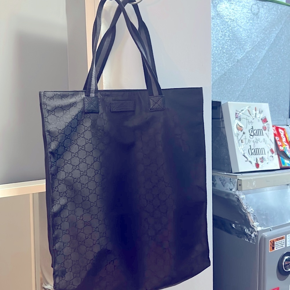 Gucci Black Nylon GG Canvas Medium Leather Open Shopping Tote Bag